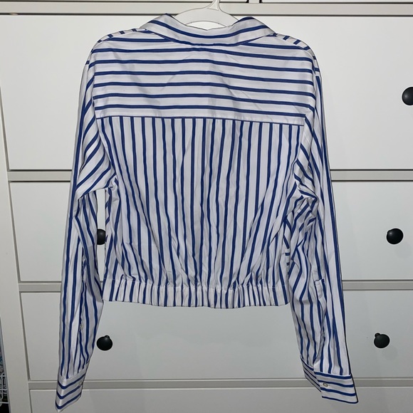 Blue and White Striped Button Up Crop Shirt - Picture 2 of 5